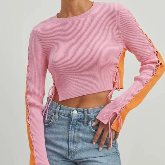 ButterMelon Pink and Orange Lace Up Sweater Size Small Ribbed Crop Top Fashion - Picture 1 of 12